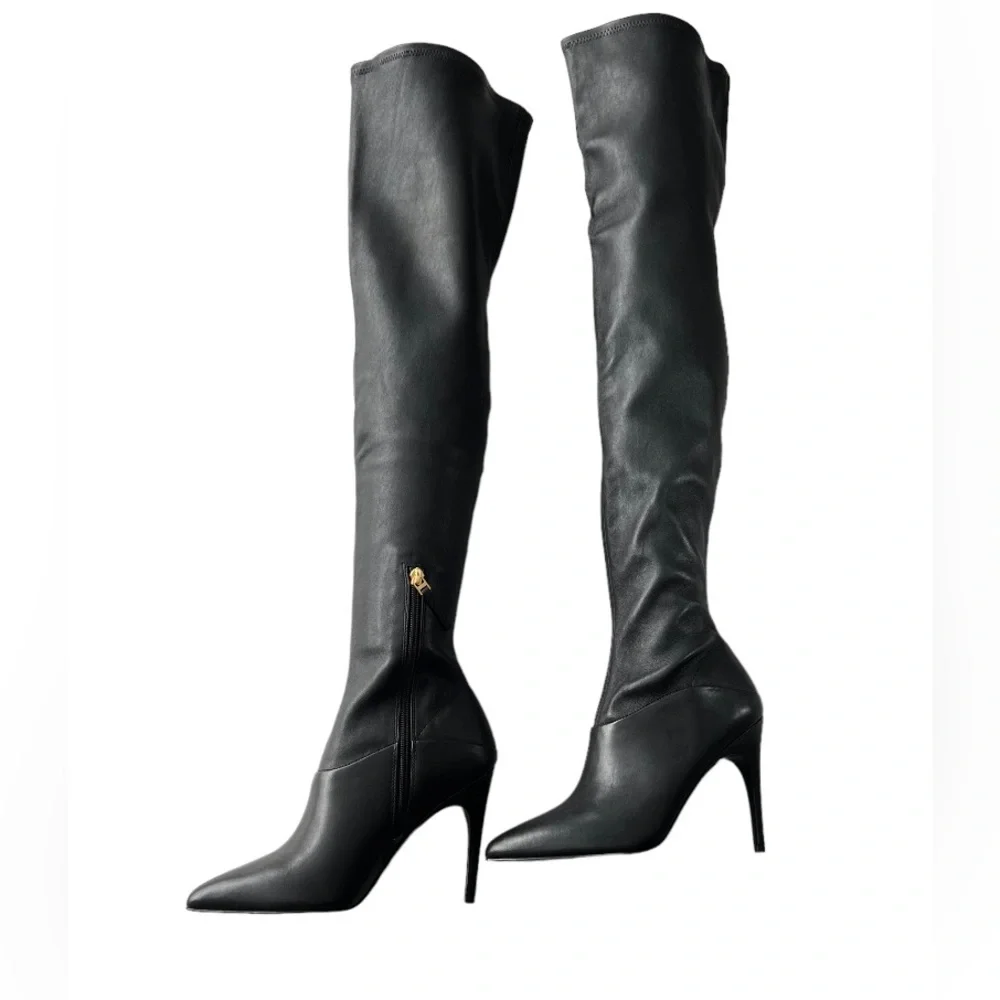 REISS Caia Over The Knee Leather Boots Black Pointed Toe Heel Women’s 8 Mob Wife